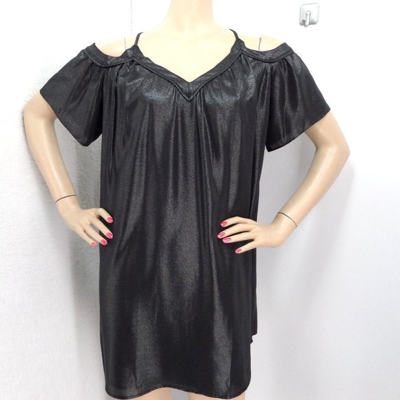 "LOFT" BLACK SHIMMER COLD SHOULDER SWING TRAPEZE MINI METALLIC DRESS SZE: MP NWT - Picture 4 of 6